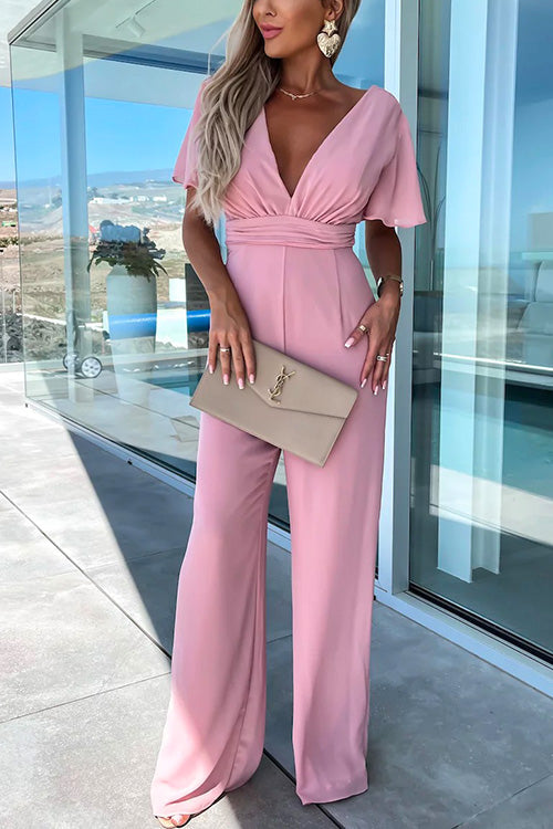 Sara Jumpsuit Dam – Trendig Jumpsuit med V-ringning, Volanger & Vida Ben i Bomullsblandning
