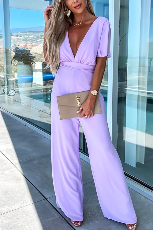 Sara Jumpsuit Dam – Trendig Jumpsuit med V-ringning, Volanger & Vida Ben i Bomullsblandning