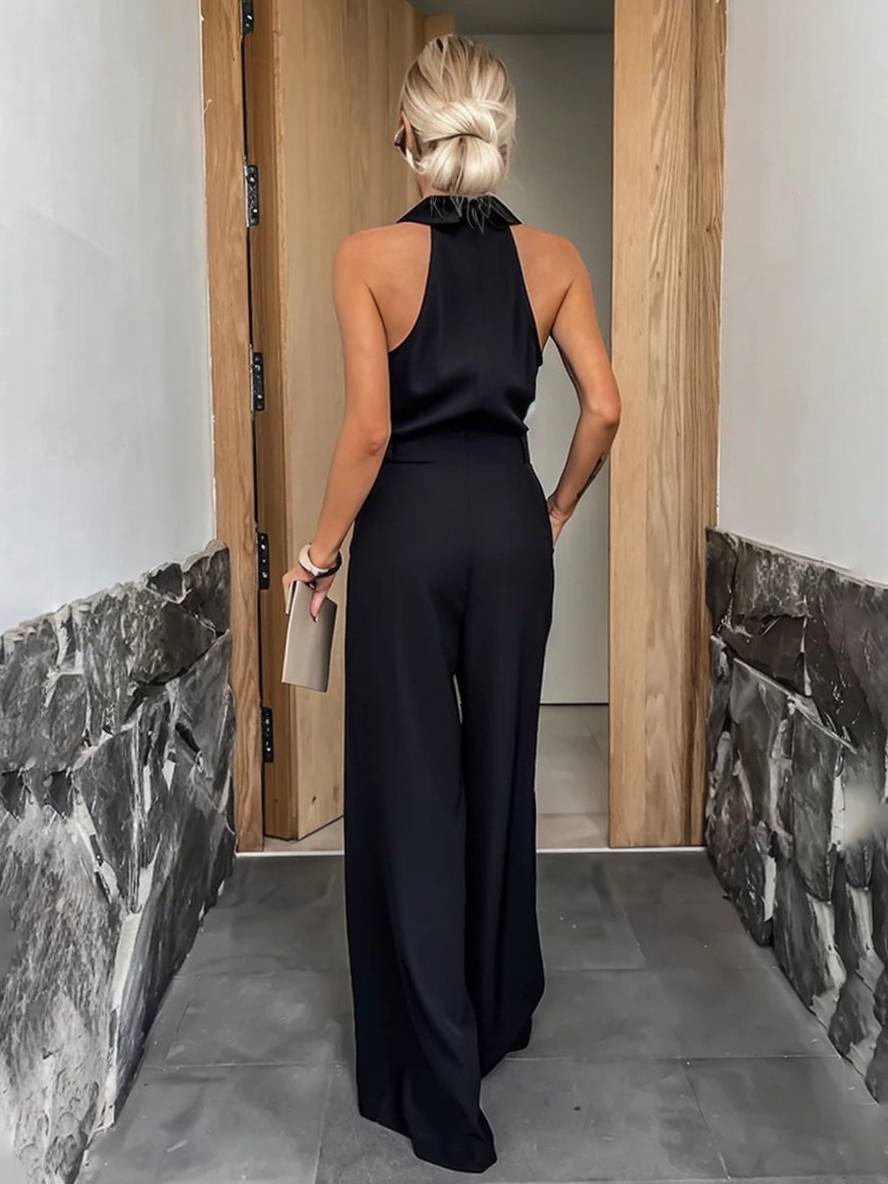 Aliya Damen Jumpsuit – Lockerer ärmelloser Jumpsuit mit Hemdkragen, Cut-Outs & Taschen