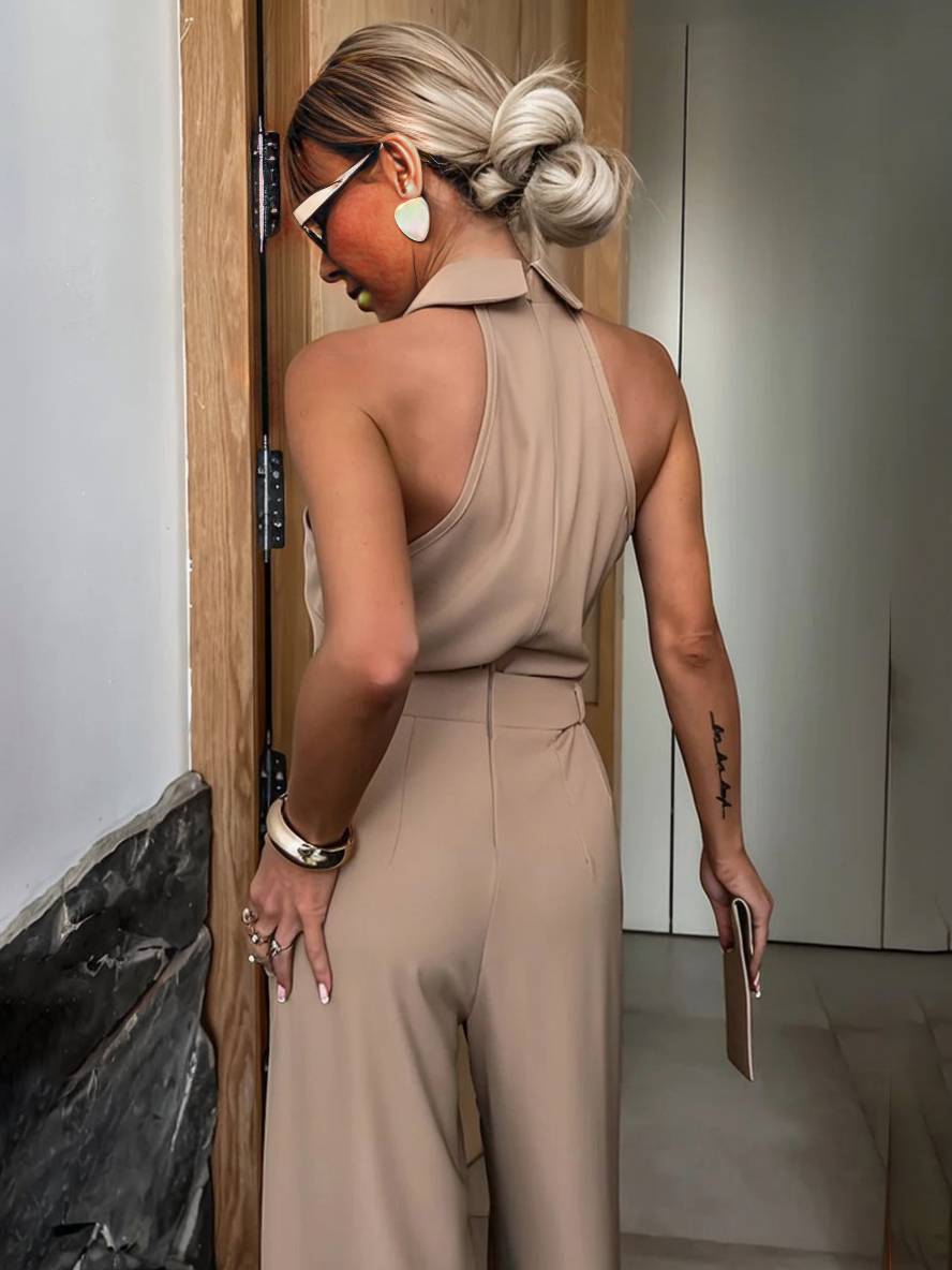 Aliya Damen Jumpsuit – Lockerer ärmelloser Jumpsuit mit Hemdkragen, Cut-Outs & Taschen