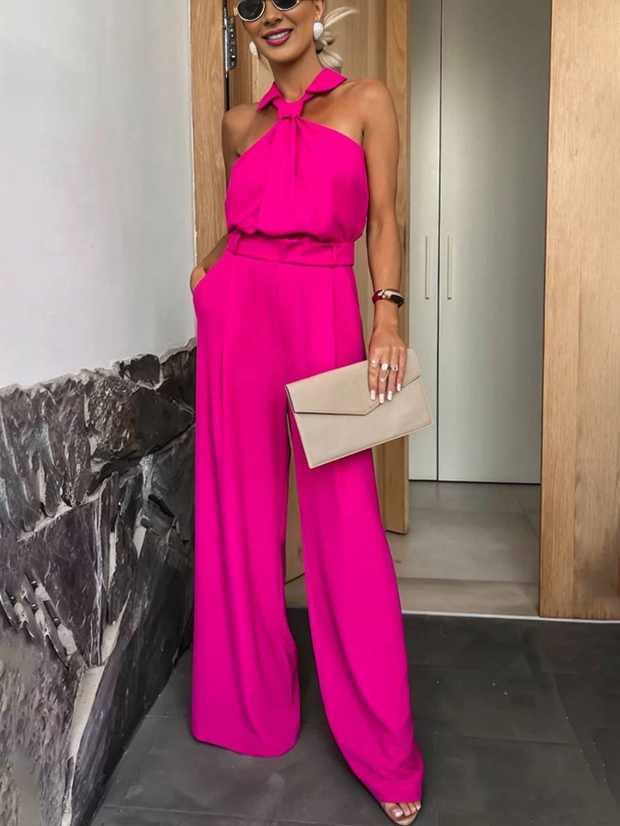 Aliya Damen Jumpsuit – Lockerer ärmelloser Jumpsuit mit Hemdkragen, Cut-Outs & Taschen