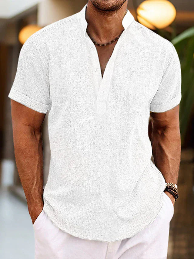 Leinenhemd für Herren Silas – Atmungsaktives Sommerhemd mit Henley-Kragen & kurzen Ärmeln