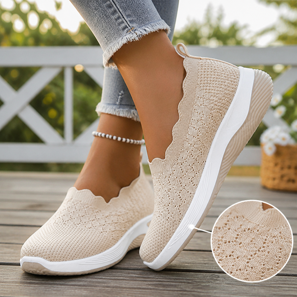 Briella dam slip-on sneakers i beige med andningsbart mesh-övre och mjuk sula