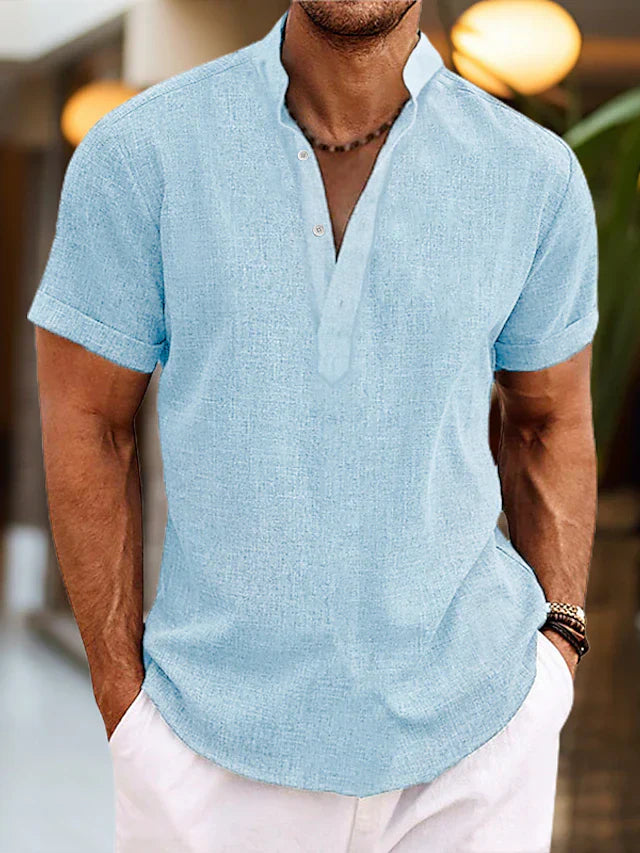 Leinenhemd für Herren Silas – Atmungsaktives Sommerhemd mit Henley-Kragen & kurzen Ärmeln