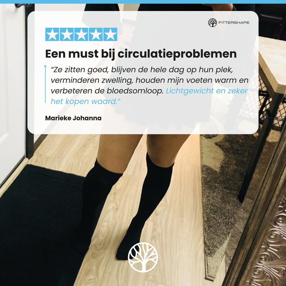 Person med kompressionsstrumpor vid stillasittande arbete