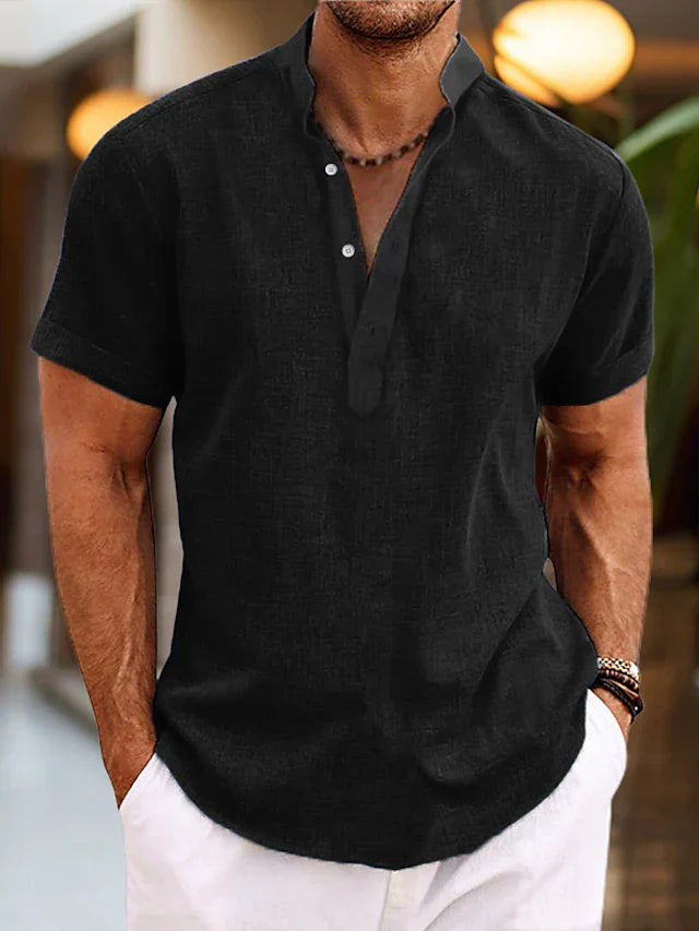 Leinenhemd für Herren Silas – Atmungsaktives Sommerhemd mit Henley-Kragen & kurzen Ärmeln
