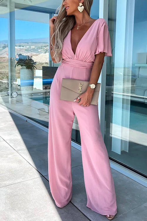 Sara Jumpsuit für Damen – Trendiger Overall mit V-Ausschnitt, Volants und weitem Bein aus Baumwollmischung