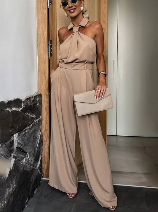 Aliya Women's Jumpsuit – Loose Sleeveless Jumpsuit with Shirt Collar, Cutouts & Pockets
