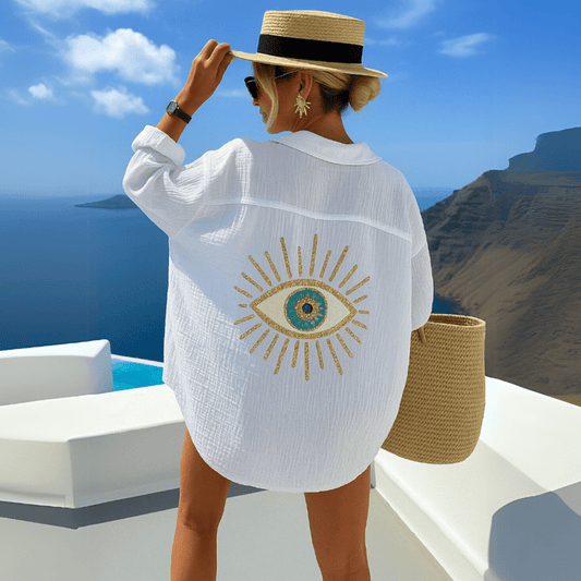 Jamie Skjorta Damen, Bohemian – Leichte Baumwoll-Strandtunika mit Schutzauge-Stickerei