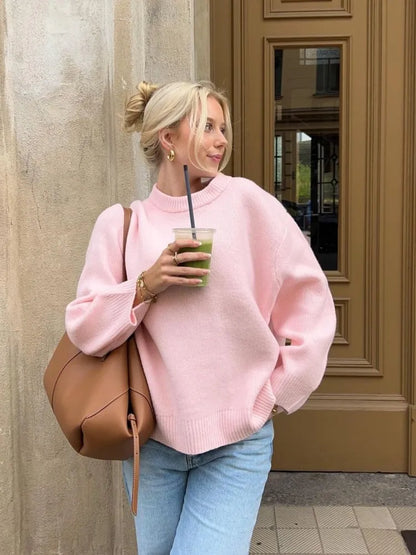 Elina dam rundhalströja i rosa – varm och elegant tröja för höst och vinter