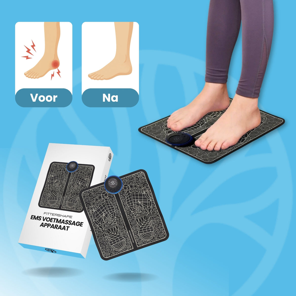 Person som använder EMS fotmassageapparat för ödembehandling