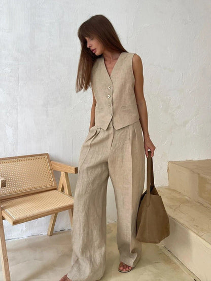 Freya Linen Set Women – Summer Coordinated with Sleeveless Vest & Wide Pants in Natural Style