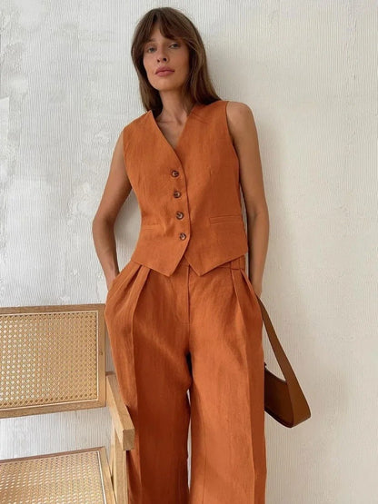 Freya Linen Set Women – Summer Coordinated with Sleeveless Vest & Wide Pants in Natural Style