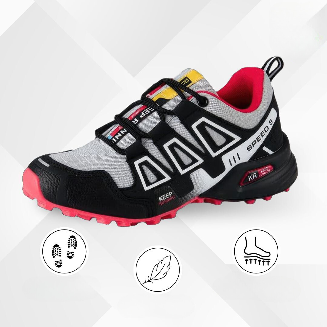 Närbild på andningsbart textilöverläder på Stigens sneakers