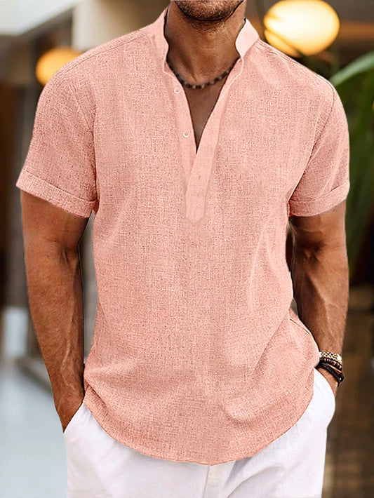 Leinenhemd für Herren Silas – Atmungsaktives Sommerhemd mit Henley-Kragen & kurzen Ärmeln